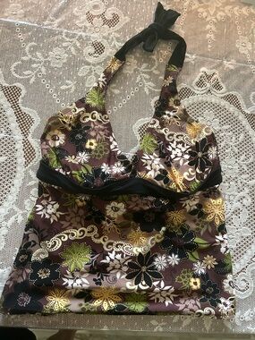 Floral Print Swim Top with Black Trim size Large